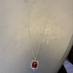 Silver Necklace with Deep Red Gem Pendant - Women Jewelry